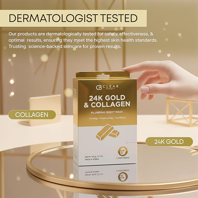 Clear Beauty 24K Gold & Collagen Face Mask – Firming & Moisturizing Sheet Masks For Radiant Glow & Smooth Texture – Dermatologist Tested, Anti-Aging, Korean Skin Care – Vegan Clean Beauty – 5 Count