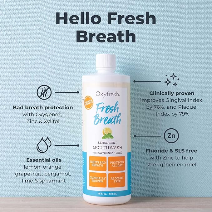 Oxyfresh Lemon Mint Fresh Breath Mouthwash – Bad Breath Treatment – SLS & Fluoride Free – Alcohol Free, Gentle Nonburning with Xylitol & Essential Oils – 16 Fl Oz