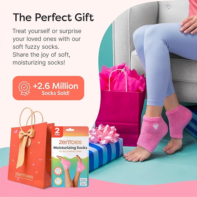 ZenToes Moisturizing Socks for Cracked Heel Treatment, Vitamin E, Olive Oil and Jojoba Oil Heel Socks, Stocking Stuffers for Women, Spa Self Care Gifts for Women (Pink with White Heart, Regular)