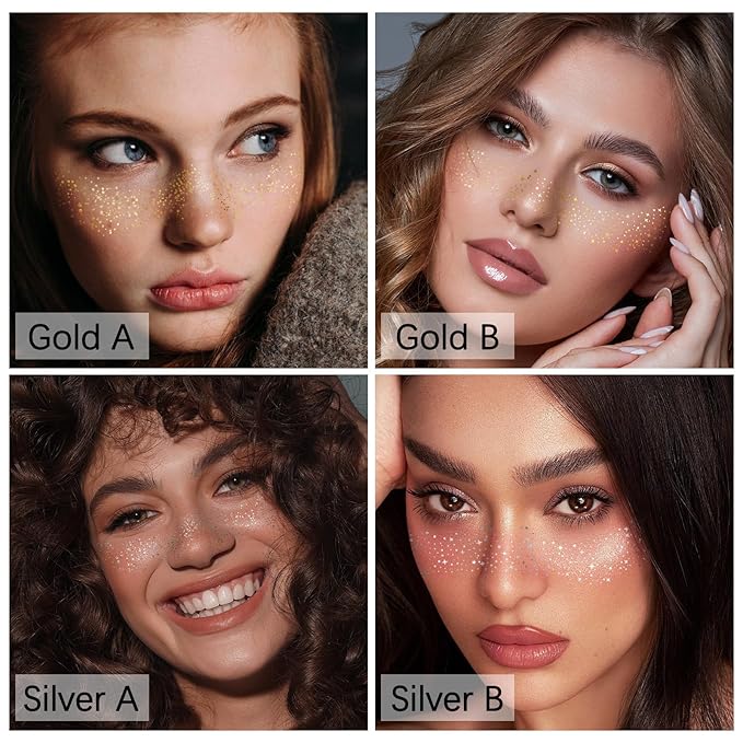 24PCS Glod and Sliver Glitter Freckles Face Tattoo, Gold Freckles Temporary Face Tattoos, Body Face Glitter for Women Girls, Waterproof Long-Lasting Party, Festival, Concert Makeup Accessories