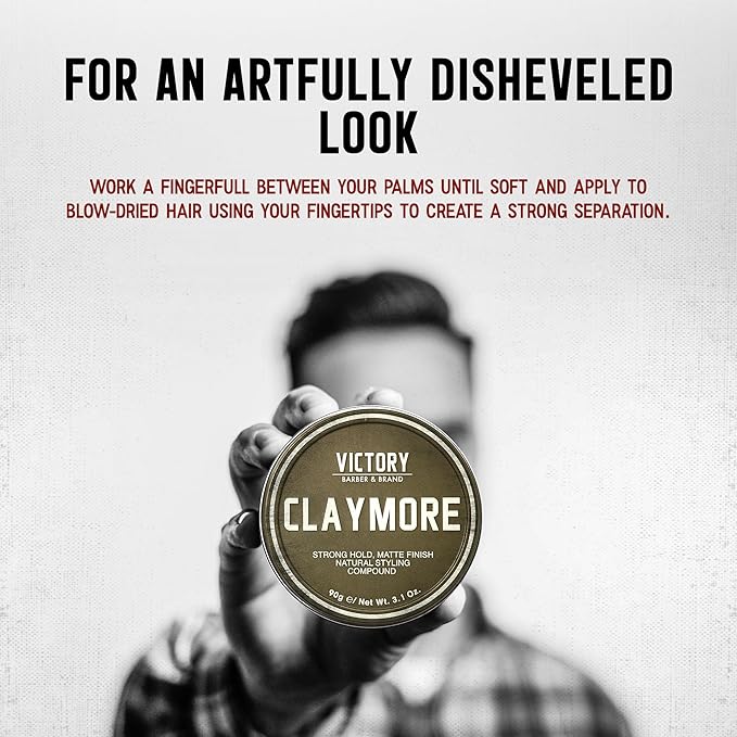 Victory Barber & Brand Claymore hair pomade for men | Strong Hold Matte Finish Men's Clay Pomade | made in usa | Designed by barbers, made for the rugged | Texturizing & Styling Clay 3.1 Oz