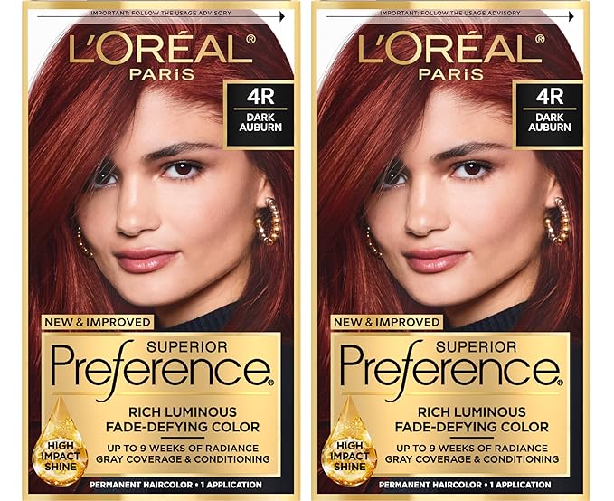L'Oreal Paris Superior Preference Luminous Fade-Defying Permanent Hair Color, Hair Dye For Up to 9 Weeks of Radiance, Dark Auburn 4R, 1 Hair Dye Kit (Pack of 2)