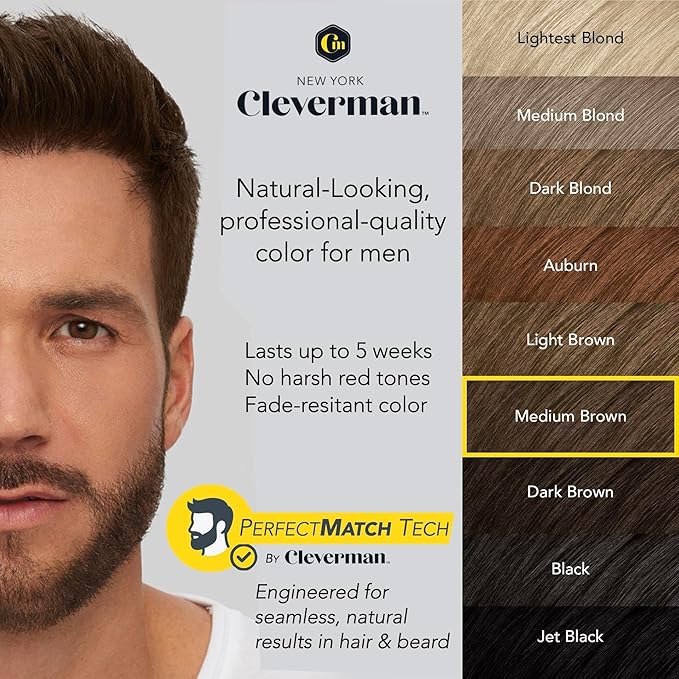 Cleverman Hair & Beard Dye Kit for Men, All-in-One Reusable Mens Hair Color, Natural Gray Coverage, Ammonia-Free Beard Mustache Dye for Men, Medium Brown