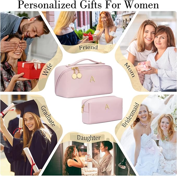 Birthday Gifts for Women Teen Girl, Personalized Initial Makeup Organizer Bag Set, Open Flat Travel Cosmetic Bag With Clear Divider and Handle(Pink,A)