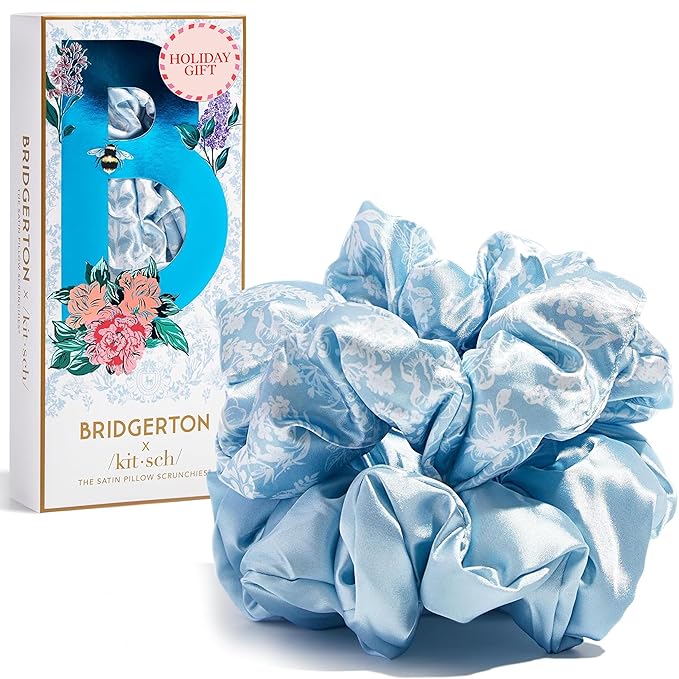 Bridgerton x Kitsch Satin Scrunchies for Women, No Snag, No Tugging, Soft & Comfortable Scrunchies for Girls, Perfect for Day or Night | Ideal Gifts for Women - Toile De Blue