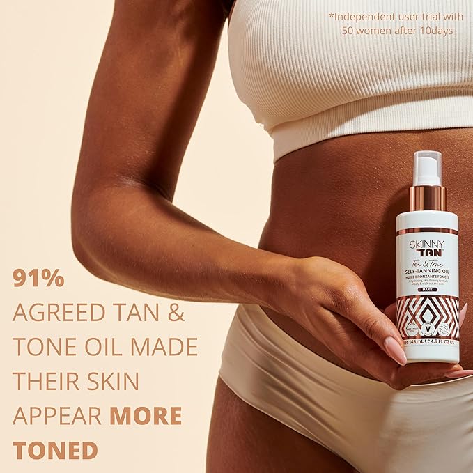 Skinny Tan Tan and Tone Self Tanning Oil Spray - No Need to Rinse - Hydrating and Toning Self Tanner for Healthier Looking Skin - Blurs Appearance of Stretch Marks - Dark Self Tan - 4.9 oz