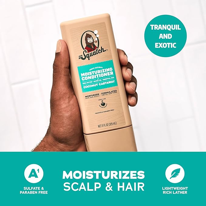 Dr. Squatch Natural Hair Bundle for Men - Healthy, Full Looking Hair - Coconut Castaway Shampoo (11 fl oz), Coconut Castaway Conditioner (11 fl oz)
