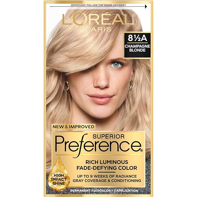 L'Oreal Paris Superior Preference Luminous Fade-Defying Permanent Hair Color, Hair Dye For Up to 9 Weeks of Radiance, Champagne Blonde 8.5A, 1 Hair Dye Kit