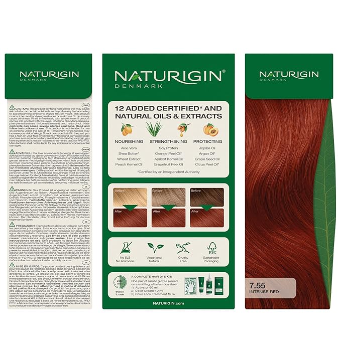Naturigin Permanent Red Hair Dye - 7.55 Intense Red, Ammonia Free, 100% Gray Coverage, Nourishing Natural Formula, For All Hair Types, Long-Lasting, Vegan & Cruelty-Free, 1 Pack