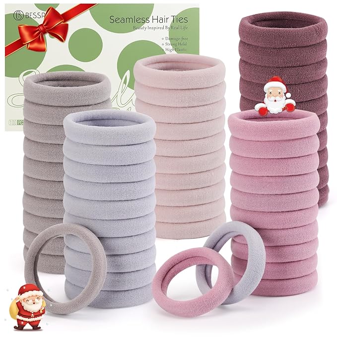 Bessrung 100 Pcs Thick Seamless Hair Ties, Ponytail Holders, Pink, No Damage for Thick Hair, Valentine's Day Christmas Gift