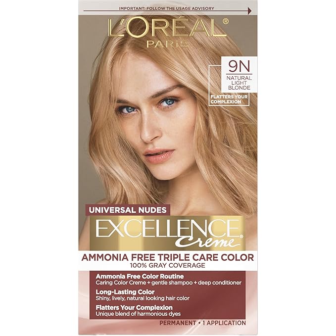 L’Oreal Paris Excellence Universal Nudes Permanent Hair Color, Ammonia Free Hair Dye for Gray Hair Coverage, 9N Natural Light Blonde, 1 Hair Dye Kit