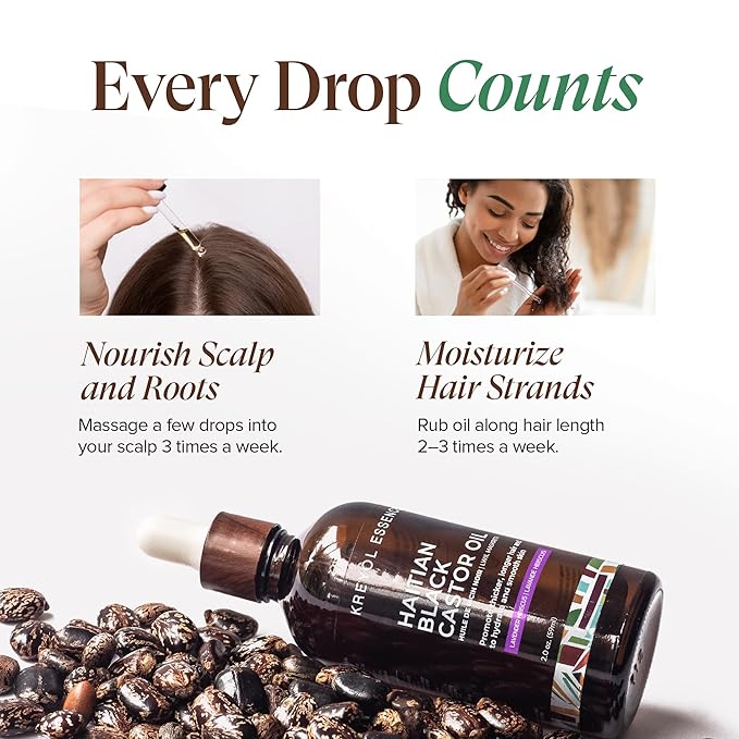 Kreyol Essence - Haitian Black Castor Oil for Skin and Hair, Glass Bottle - Cold Pressed | Hexane Free | Fuller-Looking Hair, Natural Humectant, Lavender Hibiscus. 2 Fl Oz