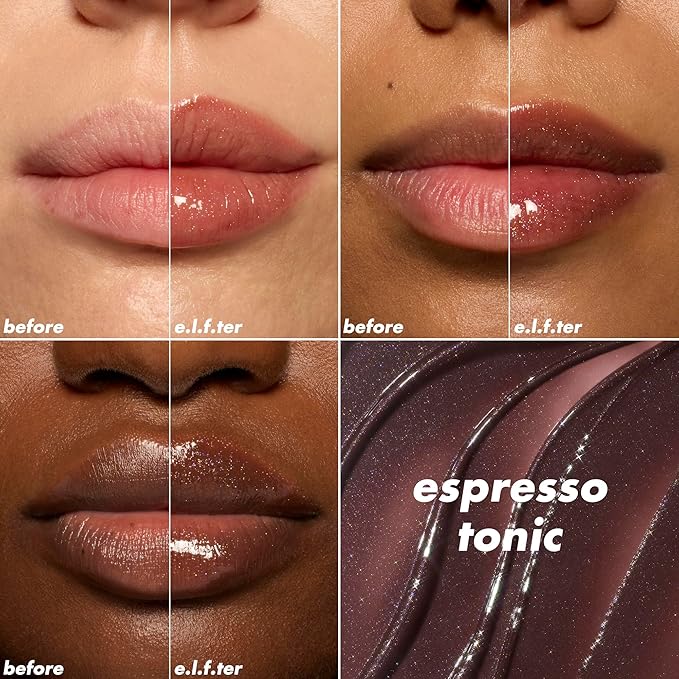 e.l.f. Glow Reviver Plumping Lip Oil, Tinted Lip Plumper For A High-Shine, Plump Finish, Infused With Jojoba Oil, Vegan & Cruelty-Free, Espresso Tonic