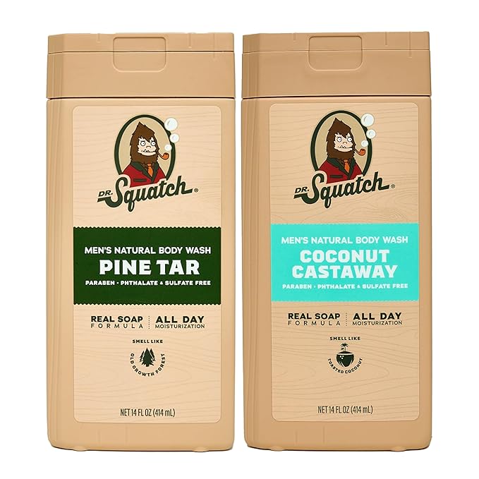Dr. Squatch NEW Body Wash for Men with Nourishing, Natural Ingredients | No Paraben, Phthalate, Sulfate | All Day Moisture | Long Lasting Scent | Pine Tar & Coconut Castaway (14 oz, 2-Pack)