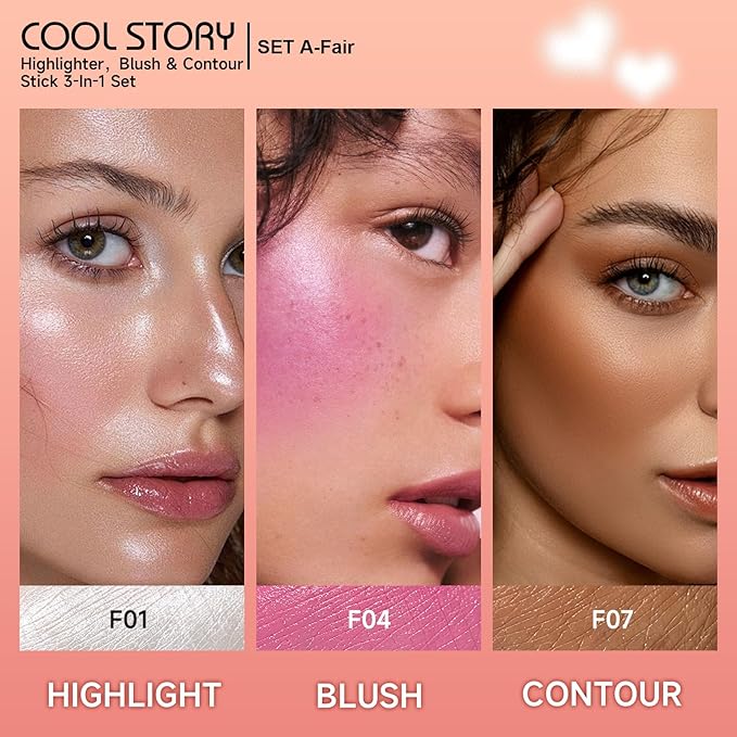 Cool Story 3-in-1 Makeup Set, Highlighter, Blush and Contour Balm Stick, Cream Formula for Face Contouring, Professional Cosmetic Kit (SET-A)