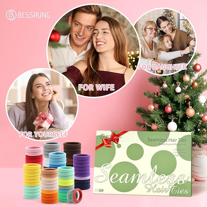 100PCS Elastic Hair Ties, Seamless Hair Band, Ponytail Holder No Crease Damage, Cotton Bands, Hair Scrunchies for Thick Thin Hair, Hair Accessories for Women Christmas Gift