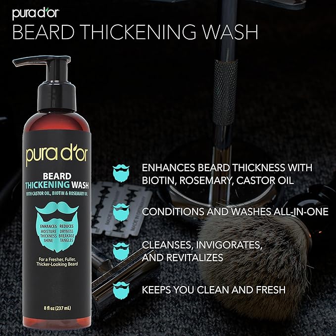 PURA D'OR 8 Oz Thickening Beard Wash - Biotin & Castor Oil Formula with Rosemary - Helps Enhance Moisture, Thickness & Shine, Helps Reduces Dryness & Breakage - For Men