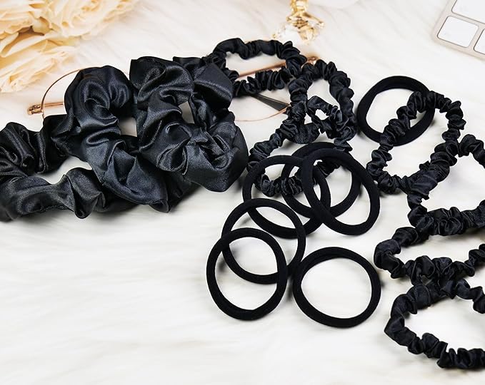Scrunchies for Women Pack of 30 - Soft Black Hair Accessories Set, Seamless Thick Hair Ties Big Small Size Satin Scrunchie for Girls, Daily Use, Back to Shool Gifts for Her