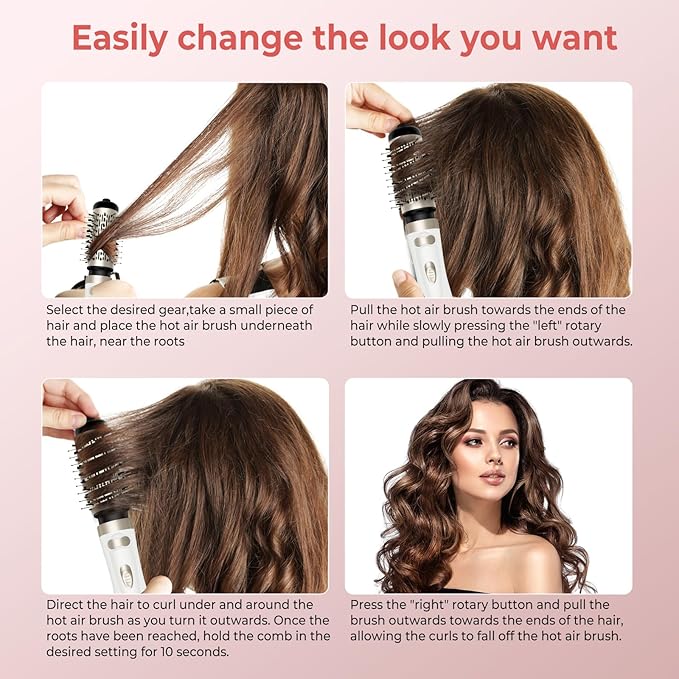 Hair Dryer Brush, 3-in-1 Rotating Round Hot Air Spin Brush Set with 2 Brushes (2" & 1.5"), Negative Ionic Blow Volumizer, 2 Detachable Auto-Rotating Curling Brush, Blow Dryer Brush,Dry as You Style