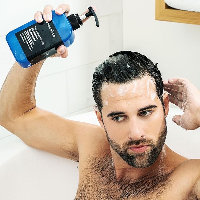 HOMMEFACE Men’s Triple Action Shower Kit - 2 Piece Set with 2-in-1 Hair Strengthening Shampoo + Conditioner & Body Wash with Pump - Korean Skincare Technology for Body Acne and Scalp Health