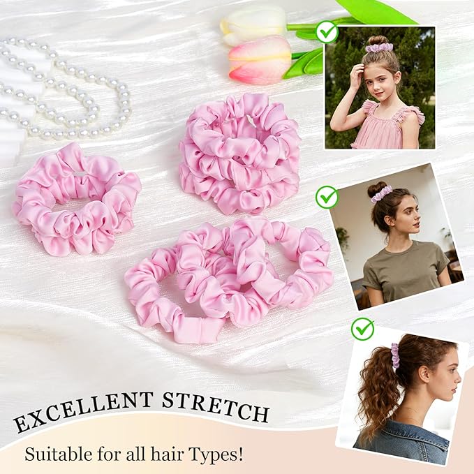 Ultra-Petite Satin Scrunchies for Women – 8PCS Pink Small Hair Ties – Softer Than Silk, No Crease, Frizz-Free, Gentle Elastic Bands for Day & Night, Perfect Gifts