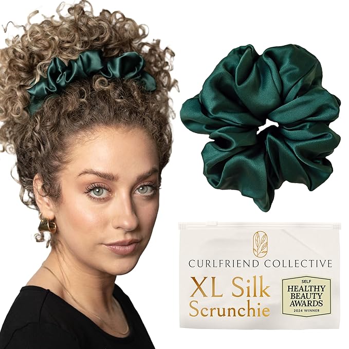 Silk Scrunchies for Women Ponytail Holders – Oversized Mulberry Silk Scrunchie – Extra Large No Damage Hair Tie for Curly, Thick, and Thin - Hair Accessories for Women – Emerald, XL By Curlfriend