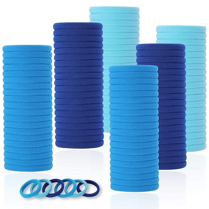 LuSeren 120 Pcs Blue Hair Ties for Women, No Damage Soft Seamless Nylon Hair Elastics for Thick Hair, Ponytail Holders, 3 Gradient Blue Hair Accessories