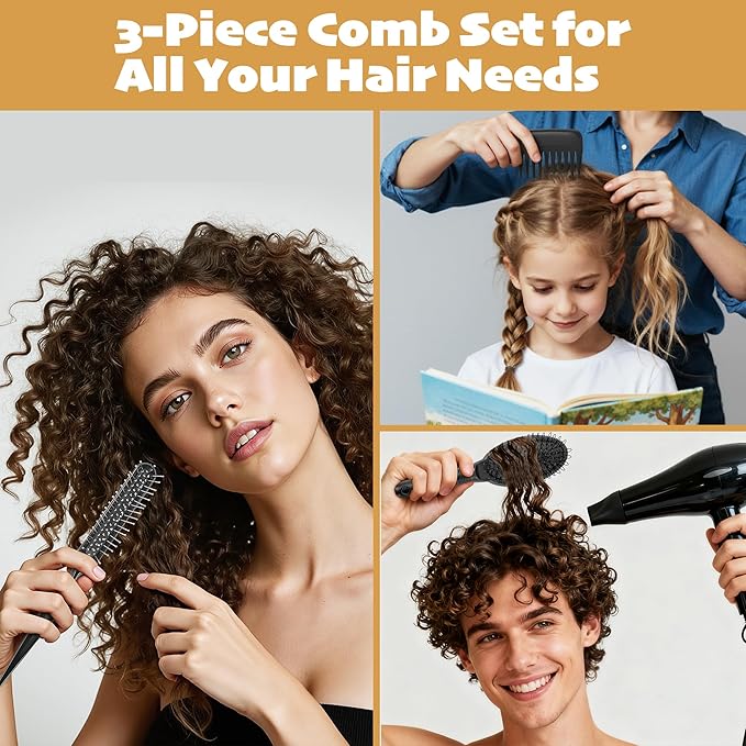 3-Pack Wig Styling Comb Set, Loop Wig Brush + Wide Tooth Comb + Edge Comb, For Human Hair Wigs, Synthetic Wigs & Extensions