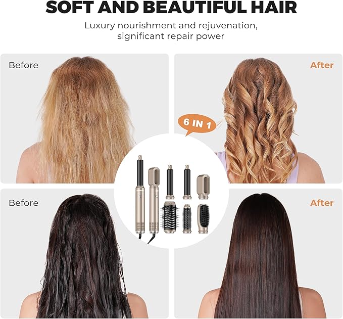 6 in 1 Blow Dryer Brush, Upgrade Hair Dryer Brush Set Negative Ion Air Styler Curling Wrap Air Curler, Hot Air Brush Curling Iron Hair Styling Tools As A Gift for Straight/Curl/Dry/Smooth