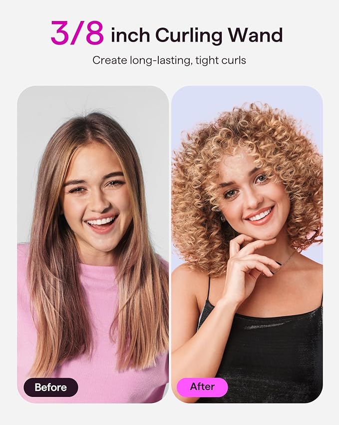 Wavytalk 3/8 Inch Small Curling Iron Wand for Short & Long Hair, Ceramic Barrel with Adjustable Temperature, Heat Resistant Glove Included (Rose Pink)