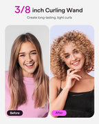 Wavytalk 3/8 Inch Small Curling Iron Wand for Short & Long Hair, Ceramic Barrel with Adjustable Temperature, Heat Resistant Glove Included (Rose Pink)