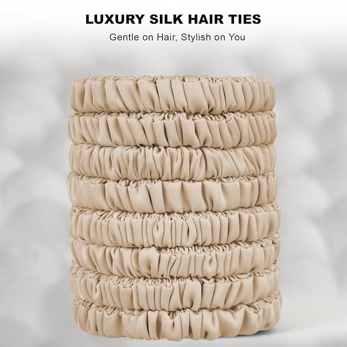 8Pcs Silk Scrunchies Hair Ties for Women & Girls, Mulberry Silk Scrunchies No-Damage Thin Satin Ponytail Holders for Hair Care(Clolor 04)