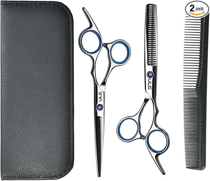 ULG Hair Cutting Scissors Thinning Shears Kit Professional Hairdressing Texturizing Salon Razor Edge Scissor Barber Kit Plus 6.5 inch Silver