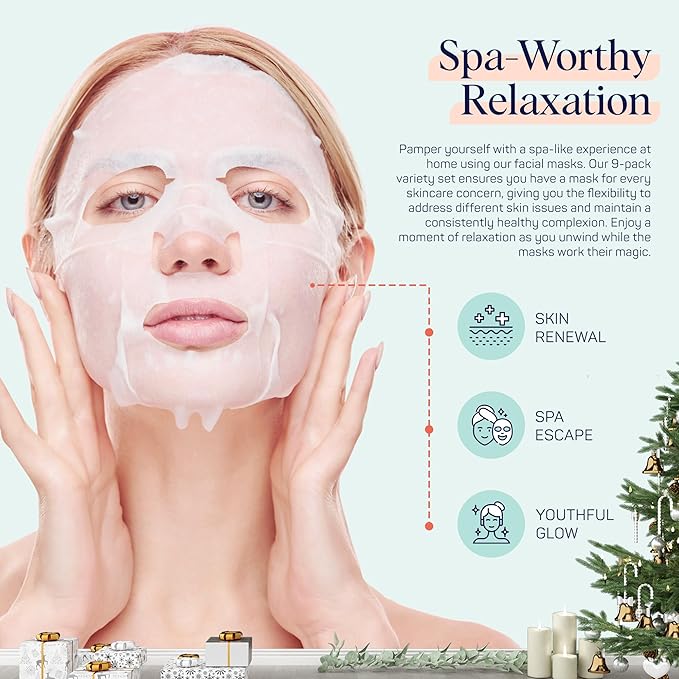 SpaLife Holiday Gnome Facial Masks 9 Pack | Sheet Masks for Skin Rejuvenation, Hydration and Moisturizing Variety Pack | Korean Skin Care Mask, Christmas Face Mask Set