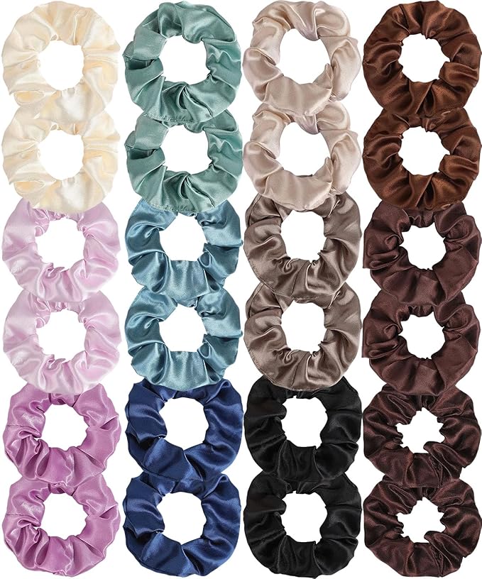 24 Pcs Satin Silk Scrunchies – Soft Hair Ties for Women & Girls, Thick Elastic Ponytail Holders, Hair Bands & Wrist Bracelets, Assorted Colors Scrunchies Hair Ties Silk Satin Scrunchy Hair Accessories
