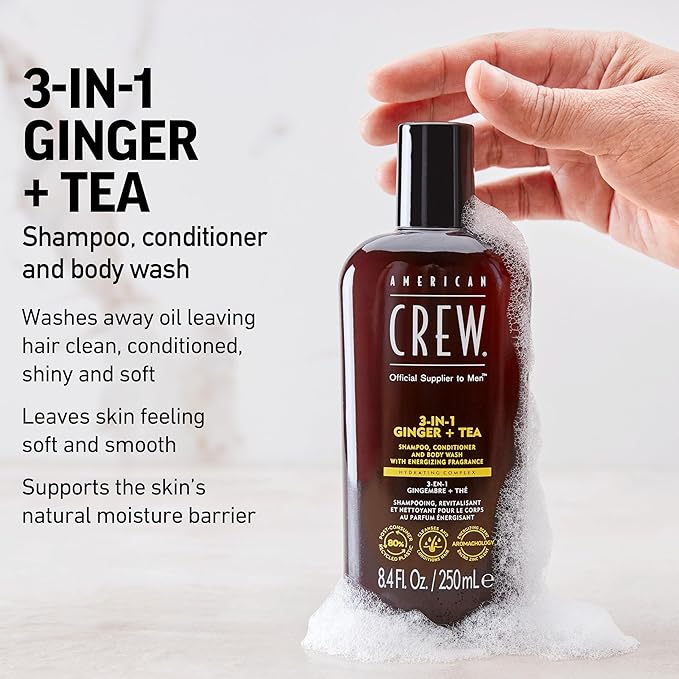 AMERICAN CREW 3-in-1 Ginger & Tea, Shampoo, Conditioner & Body Wash for Men, Hair Care Gift for Him, Revitalizing and Refreshing Fragrance, 33.8 fl oz