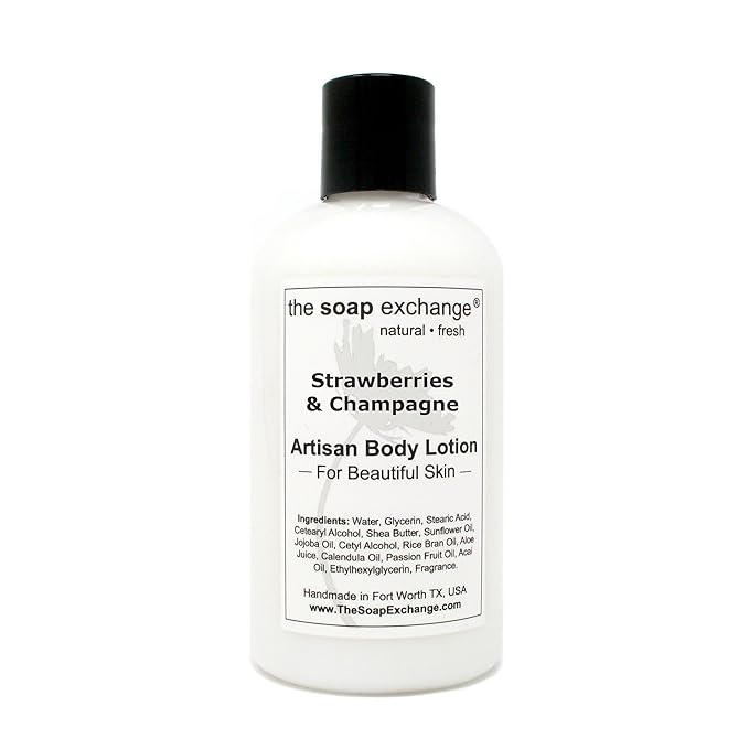The Soap Exchange Body Lotion - Strawberries & Champagne Scent - Hand Crafted 8 fl oz / 240 ml Natural Artisan Skin Care for Hand, Face, & Body, Moisturize, Hydrate, & Protect. Made in the USA.