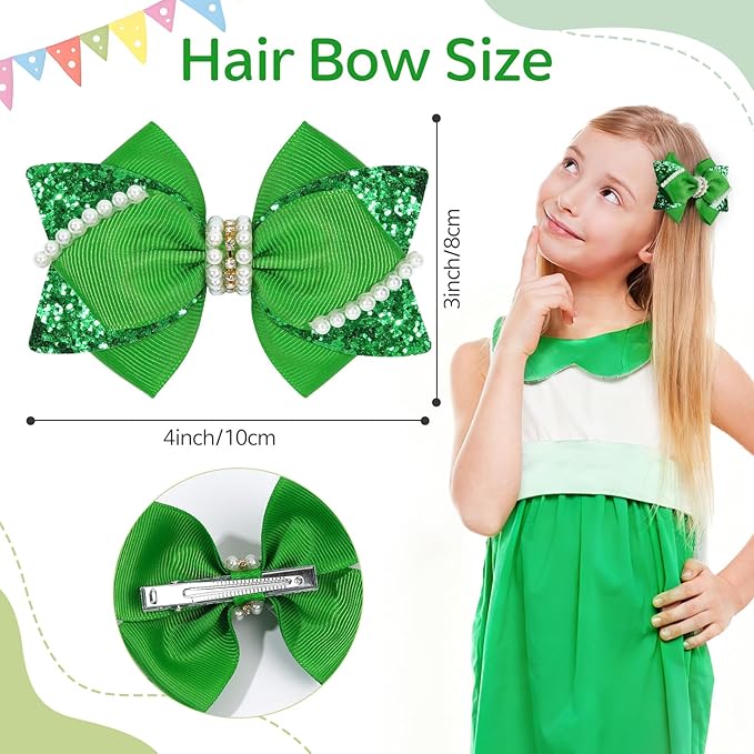 4" Sparkly Glitter Sequin Ribbon Hair Bow Clips,Pearl Wedding Boutique Alligator Barrettes Pins for Teens Toddler,Cheerleader Girls Kids Birthday Party Dress Decor Accessory (Green)