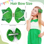 4" Sparkly Glitter Sequin Ribbon Hair Bow Clips,Pearl Wedding Boutique Alligator Barrettes Pins for Teens Toddler,Cheerleader Girls Kids Birthday Party Dress Decor Accessory (Green)
