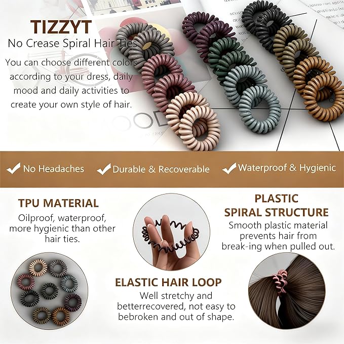 TIZZYT Hair Ties, 18 Count - Vintage matte color Spiral Hair Ties, No Crease, Suitable For Women And Children With Thick Or Thinning Hair