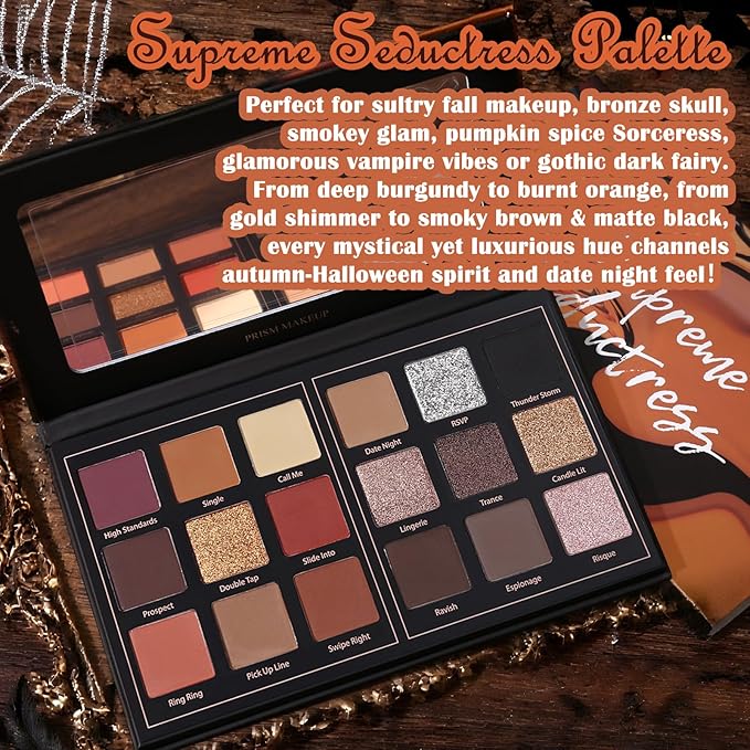 Prism Makeup Matte Eyeshadow Palette Pro 18 Colors Pigmented Shimmer Glitter Eye Shadow Palette, Long Lasting Waterproof Smokey Powder Cosmetics Halloween Makeup Kit (01# Seductress)