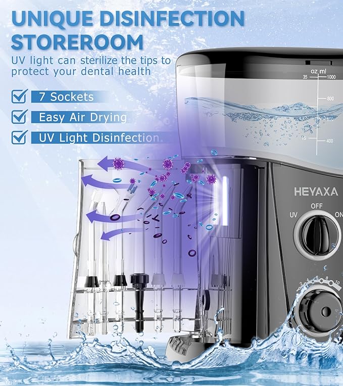 Water Dental Flosser for Teeth Cleaning with 1000ML Large Capacity and UV Storage, 10 Adjustable Pressure Electric Oral Irrigator with 7 Jet Tips, Gifts for Dental Health Seekers (Black)