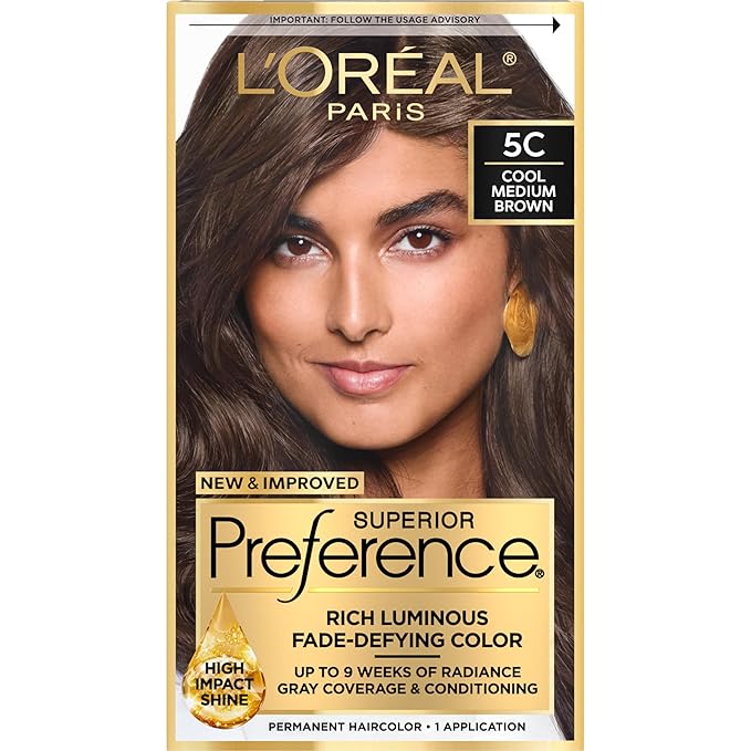 L'Oreal Paris Superior Preference Luminous Fade-Defying Permanent Hair Color, Hair Dye For Up to 9 Weeks of Radiance, Cool Medium Brown 5C, 1 Hair Dye Kit