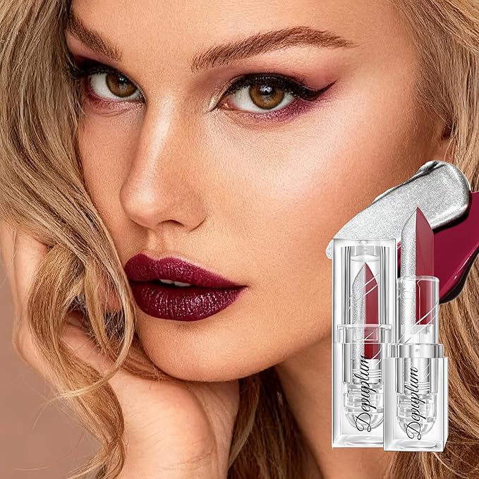 2 in 1 Dark Red Matte Lipstick Glitter Silver Lipstick Dual Sided Waterproof Lipsticks for Women One Stroke Two-Tone Long Lasting Lip Stick for Christmas Halloween,DU-Q9