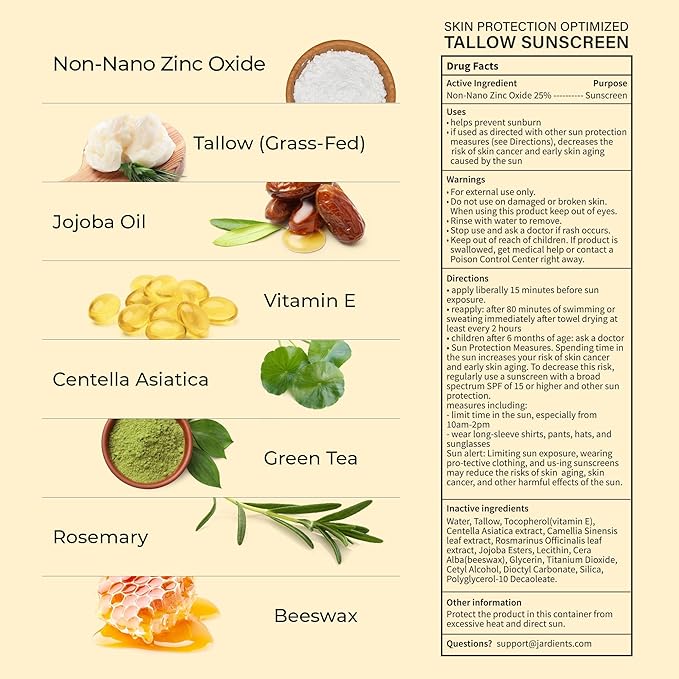 Beef Tallow Sunscreen SPF 50 with Mineral : Instant Sun Protection Non Nano Zinc Oxide Sunblock- Non Greasy Formula- Beach Jogging Outdoor Sports - 3 Fl oz, 85g