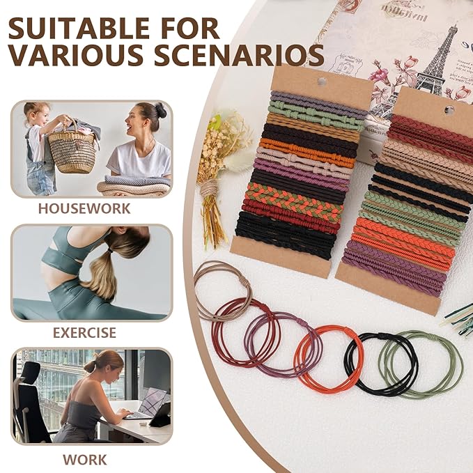Boho Hair Ties 48pcs,Hair Accessories for Women, Hair Tie Bracelets,Ponytail Holders for Girls with Thick and Thin Hair,Soft Dual-Use No-Damage Ties,Mother's Day, Valentine's Day, Christmas gifts