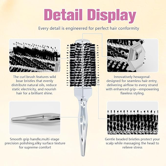 Round Hair Brush with Wild Boar Bristles – Specialized for Blowouts & Styling at Home or Salon, Suitable for All Hair Types.Gold