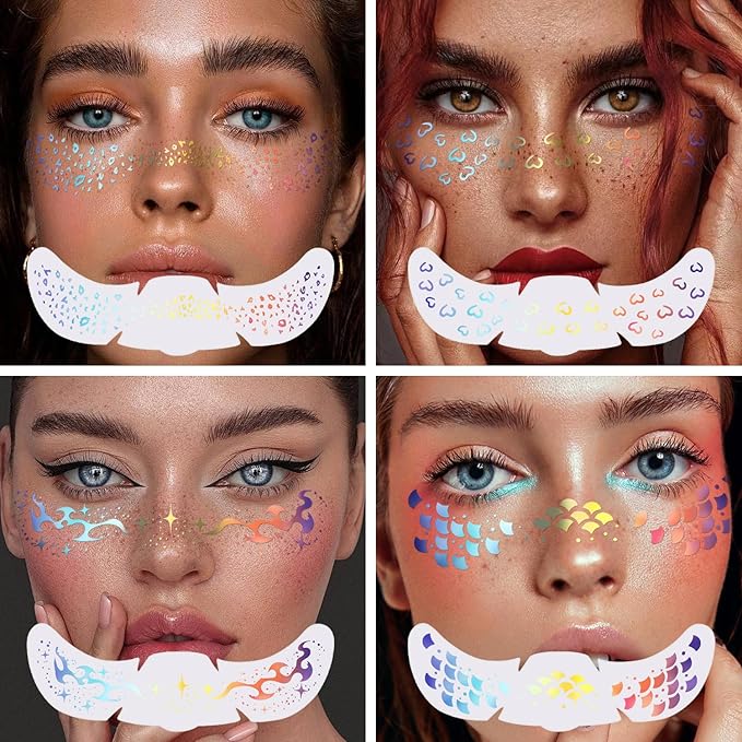 8 Pcs Holographic Multicolor Glitter Freckles Face Tattoo, Glow Up Cosmetic Glitter for Face, Sparkle Makeup Patches, Waterproof Face Speckles for Christmas (8PcsG Holographic Multicolor)