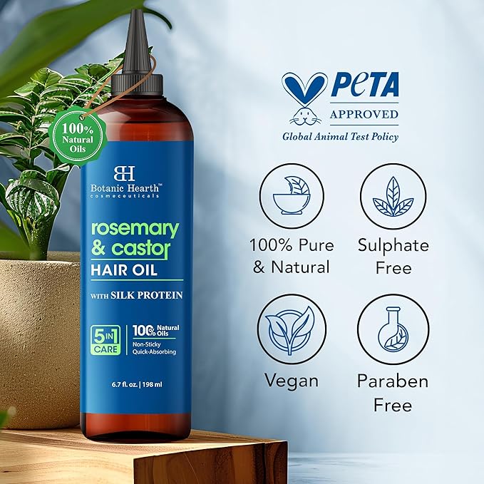 Botanic Hearth Hair Oil for Hair Growth | Strengthening Dry, Frizzy, Damaged Hair & Scalp Treatment | No Parabens or Harmful Sulfates | All Hair Types | Rosemary Castor Hair Oil - 6.7 Fl Oz