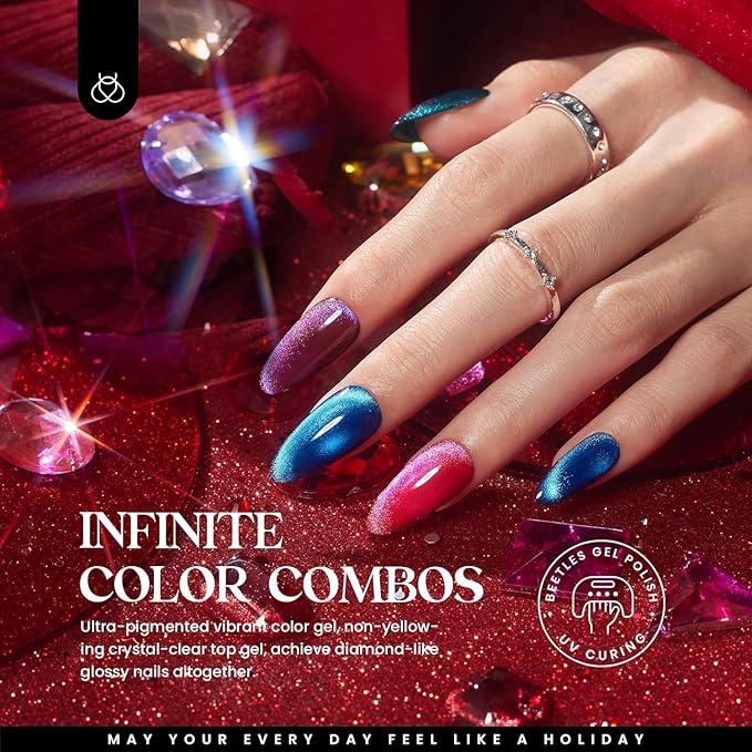 Beetles Winter Gel Nail Polish 20 Winter Colors Cat Eye Gel Polish Set Gift Spree Burgundy Red Purple with Magnet Pen Base Top Coat DIY Salon Manicured Soak Off UV LED Gifts for Women Gemstone Party